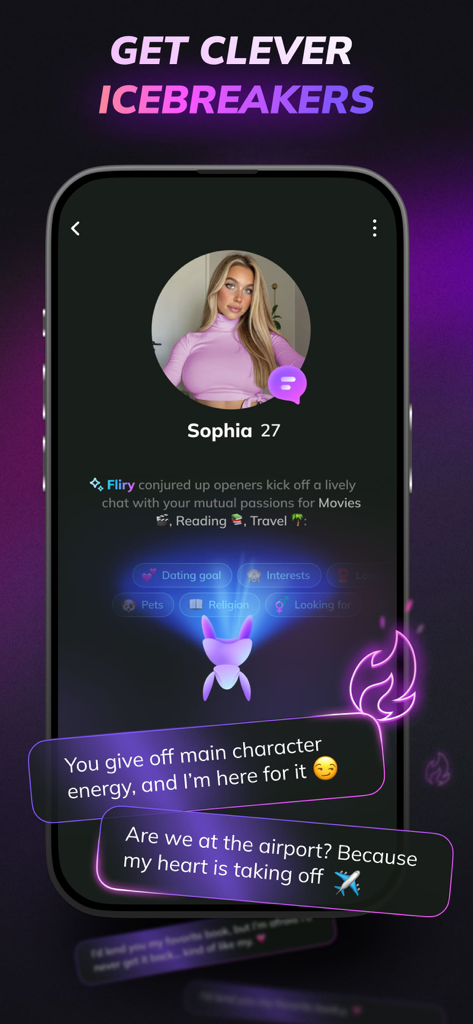 Flirtini - Match, Chat, Flirt - Interface de l'application Flirtini montrant des brise-glaces et des amorces de conversation intelligents conçus par IA pour les rencontres.