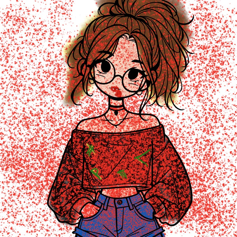 girl with a messy ponytail glasses a baggy crop top and jean shorts