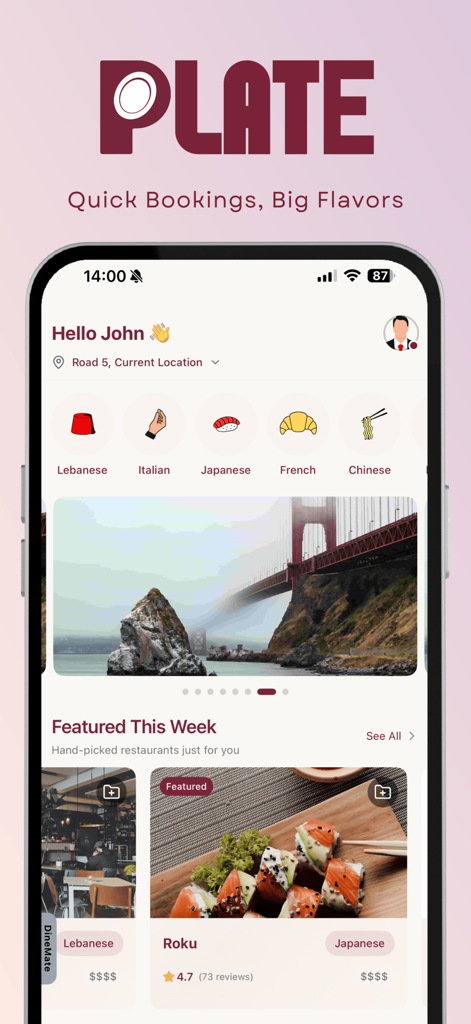 Plate app homepage showing restaurant cuisine categories and featured dining spots with ratings