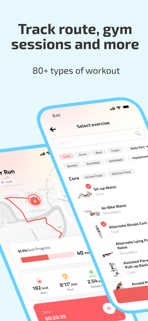 Screenshots of the Fito app showing GPS route tracking for runs and a list of selectable gym exercises.
