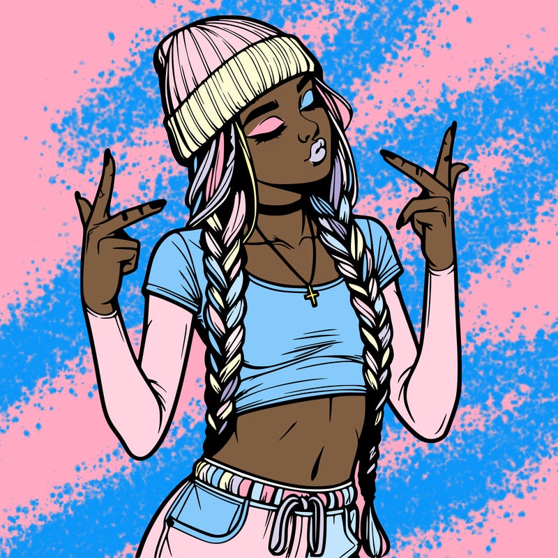 realistic teenage girl with braids and a beanie and crop top doing 🫶🏼