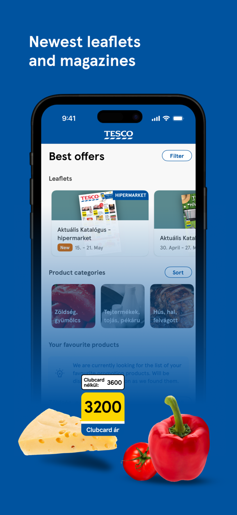 Tesco Clubcard Hungary mobile app screen displaying digital shopping leaflets and grocery category offers.