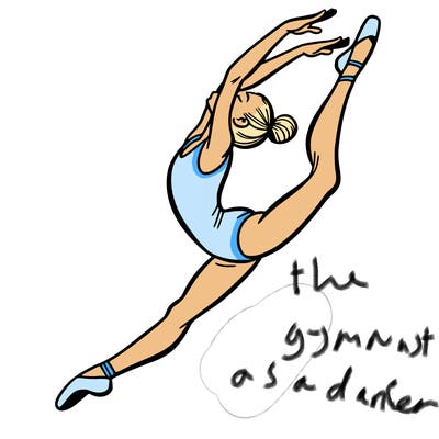 gymnast doing a leap in a leotard with a bent back leg