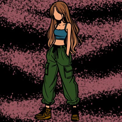 girl in baggy pants crop top and long hair