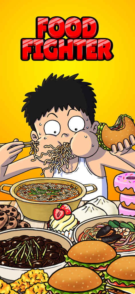 Food Fighter Clicker | Mukbang - A cartoon boy eating a massive variety of food in the Food Fighter Clicker game.