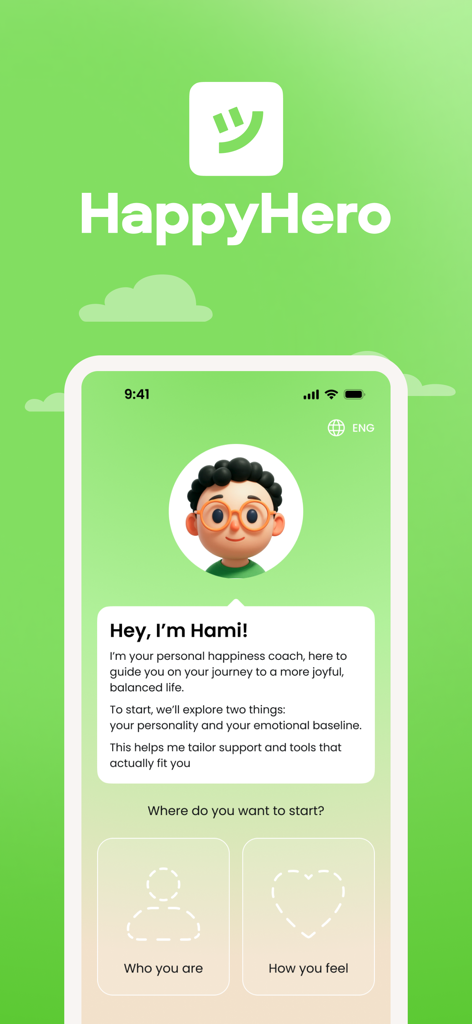 A screenshot of the HappyHero app showing Hami the AI happiness coach introducing himself to a new user