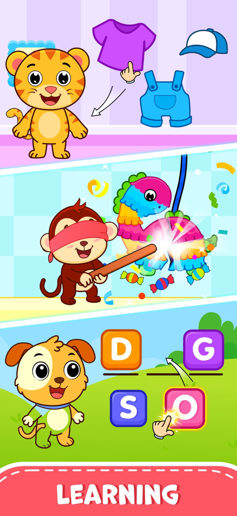 Toddler Games Baby Balloon Pop - 幼児向け教育ゲーム。キャラクターの着せ替え、ピニャータアクティビティ、文字のスペルが表示されます。