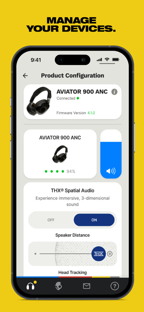 Skullcandy - Skullcandy app interface showing product configuration and THX spatial audio settings for Aviator headphones