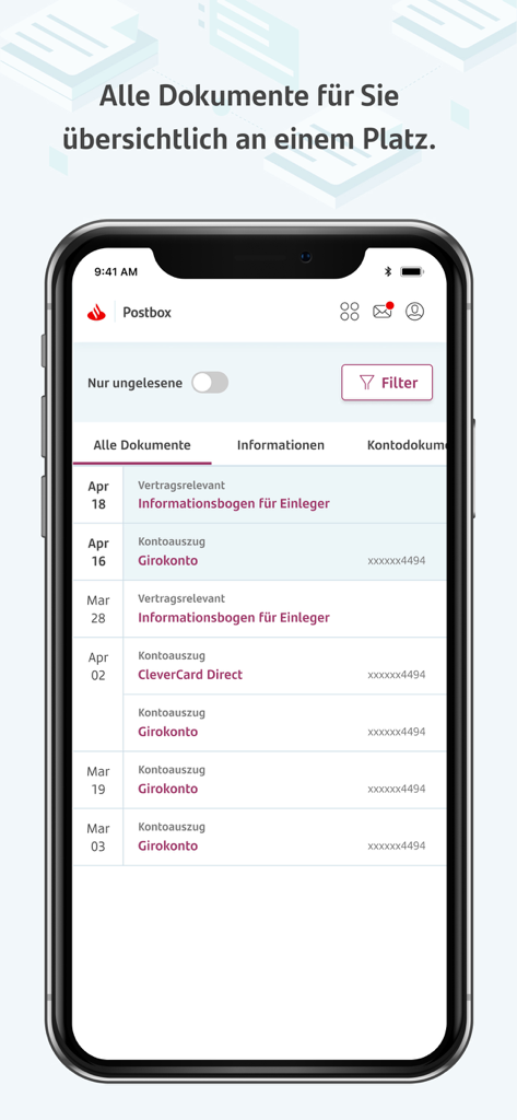 MySantander Banking app Postbox screen displaying a list of digital bank statements and documents on a smartphone.