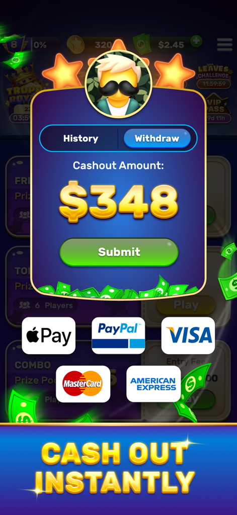 Bingo Stars app cash out interface showing a 348 dollar withdrawal and secure payment methods like PayPal and Apple Pay