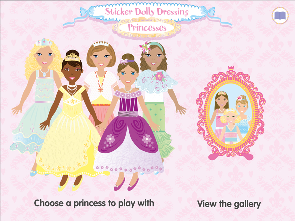 La pantalla de selección de personajes de Princesa de Pegatinas Usborne que muestra cinco princesas diversas con vestidos de gala y una galería de espejos rosas