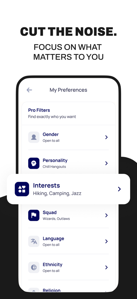 Alyke app preferences screen showing personality and interest filters for finding friends.