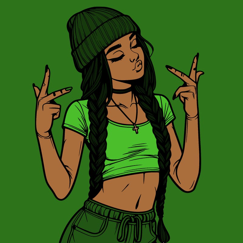 realistic teenage girl with braids and a beanie and crop top doing 🫶🏼