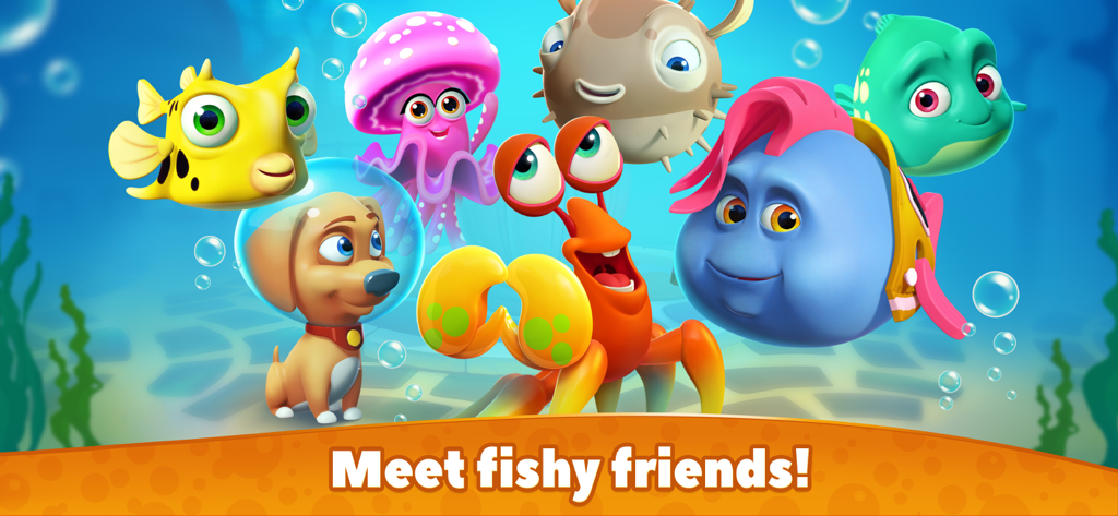 Undersea Solitaire Tripeaks - A group of colorful cartoon sea creatures and a small dog in a diving helmet under the sea