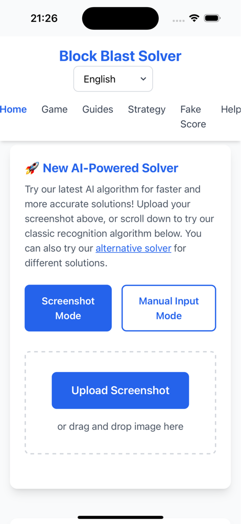 Home screen of the Block Blast Solver Pro app showing AI-powered solver options and screenshot upload button.