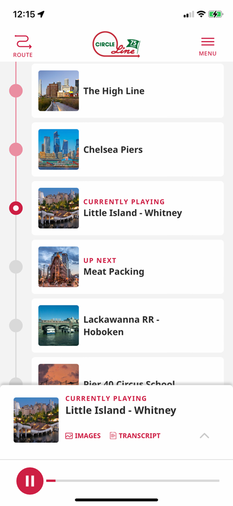 Interfaz de la aplicación Circle Line Sightseeing que muestra la ruta del crucero por Nueva York y los controles de la audioguía