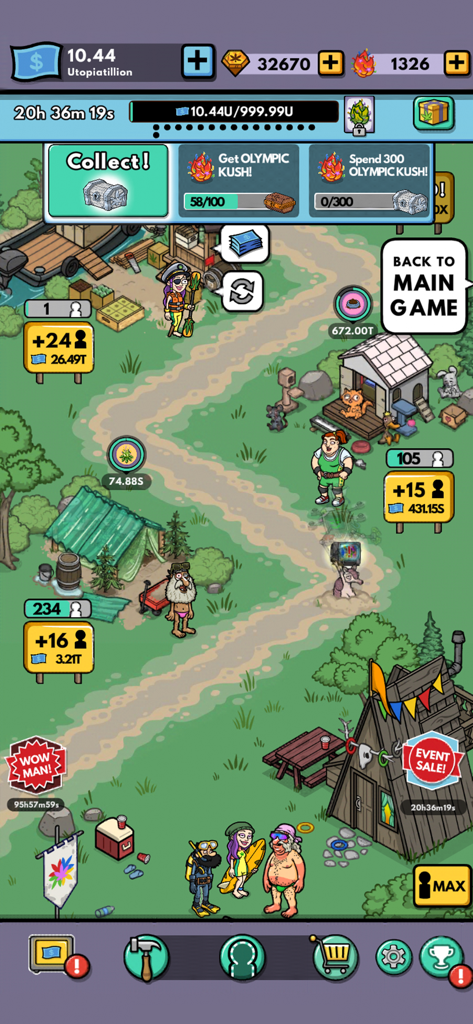 Bud Farm: Idle Tycoon Game - Pantalla de juego de dibujos animados de Bud Farm Idle Tycoon que muestra personajes y un camino sinuoso en una granja con elementos de interfaz de juego.