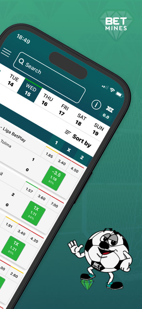 BetMines app interface displaying soccer match betting odds and AI predictions with mascot