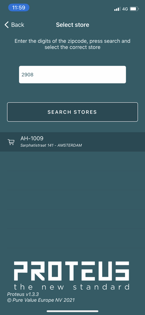 Proteus Smart Display app store selection screen with zip code search