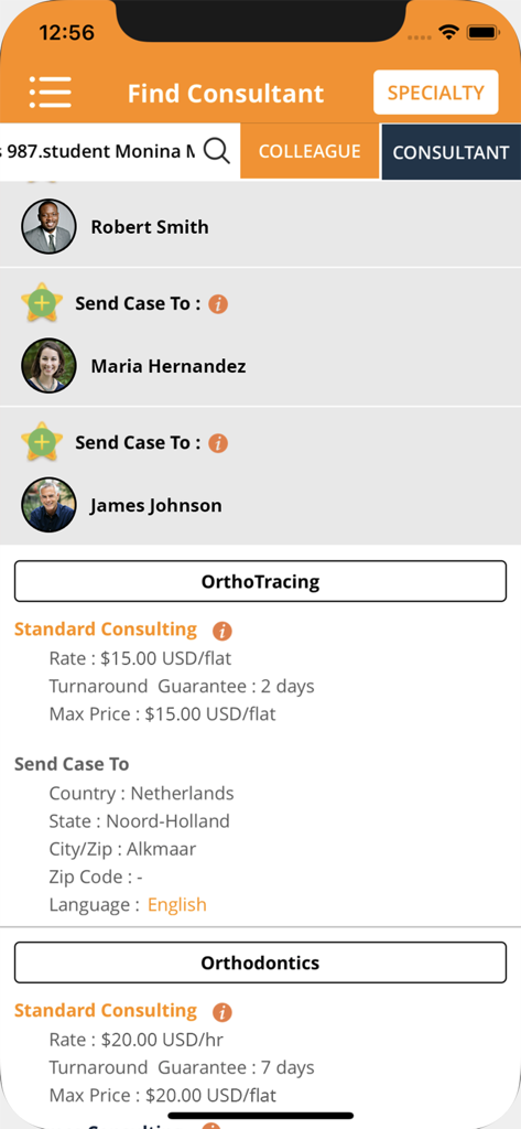 SmileStream: Dentistry - Interfaz de la aplicación SmileStream que muestra una lista de consultores dentales profesionales y sus tarifas de servicio para la colaboración de casos.