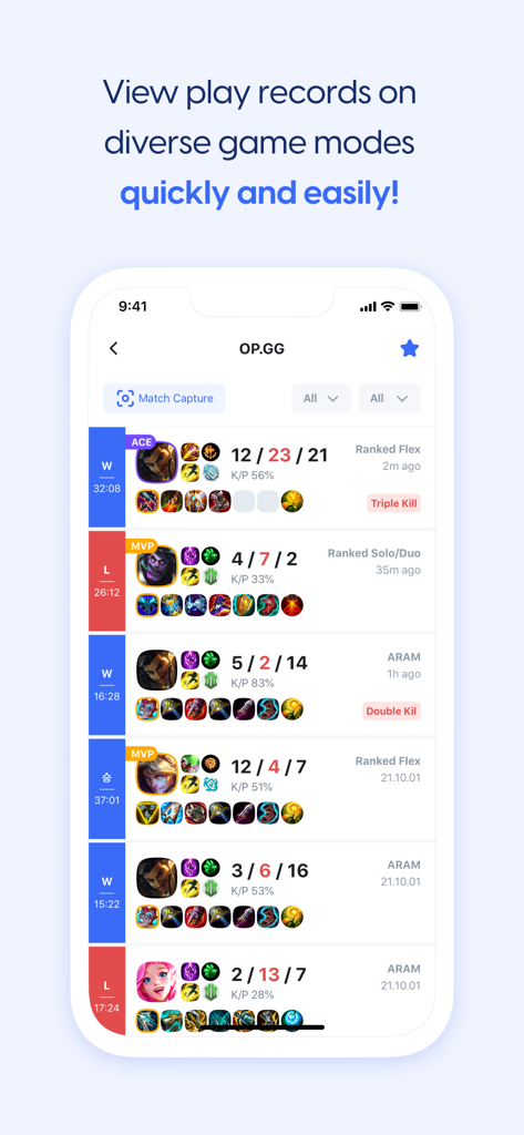 OP.GG - OP.GG mobile app interface displaying a summary of League of Legends match history including KDA and performance badges