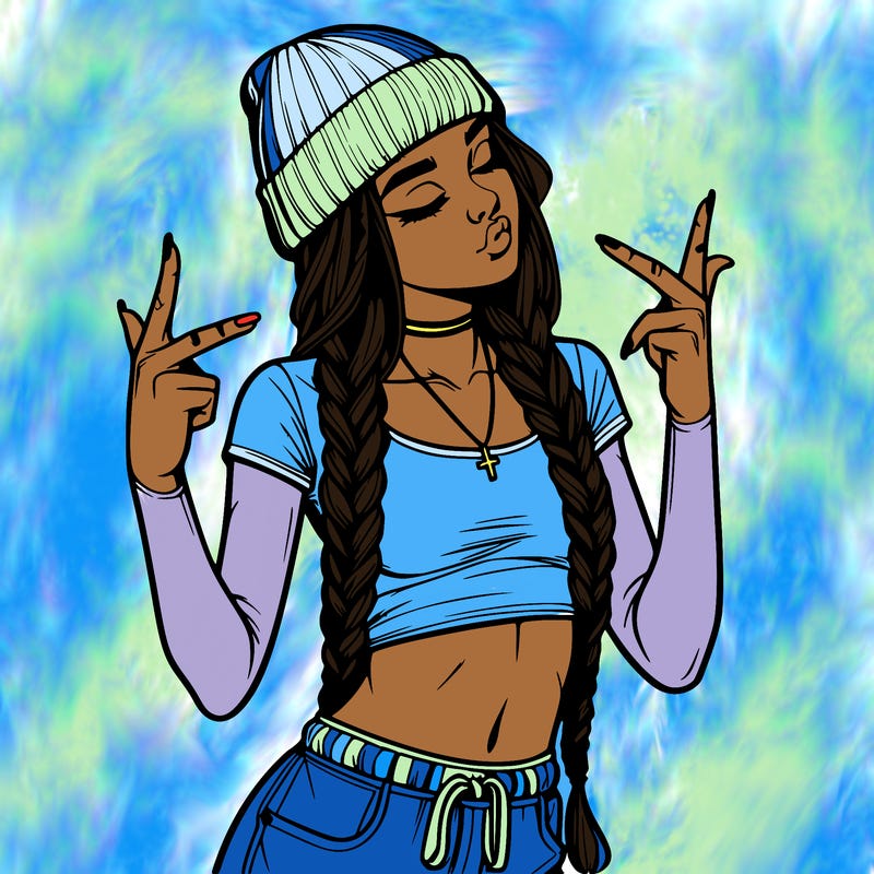 realistic teenage girl with braids and a beanie and crop top doing 🫶🏼