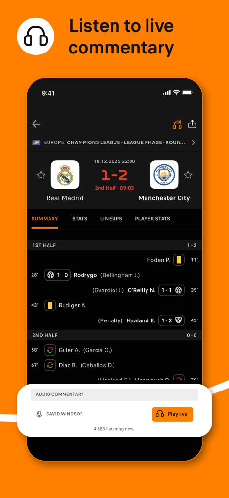 Soccerway Football Live Scores - Interface do aplicativo Soccerway mostrando narração de áudio ao vivo para uma partida de futebol da Liga dos Campeões entre Real Madrid e Manchester City