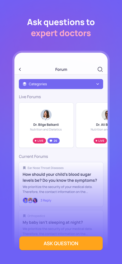 Keep it Better - Keep it Better app forum screen allowing users to ask health questions to expert doctors