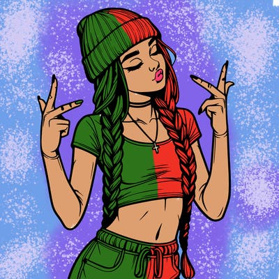 realistic teenage girl with braids and a beanie and crop top doing 🫶🏼
