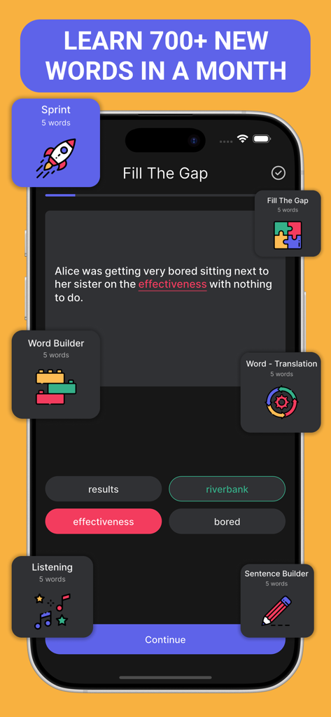 Bookvo: English Learning - Bookvo English learning app interface showing fill the gap vocabulary exercises and language learning modules
