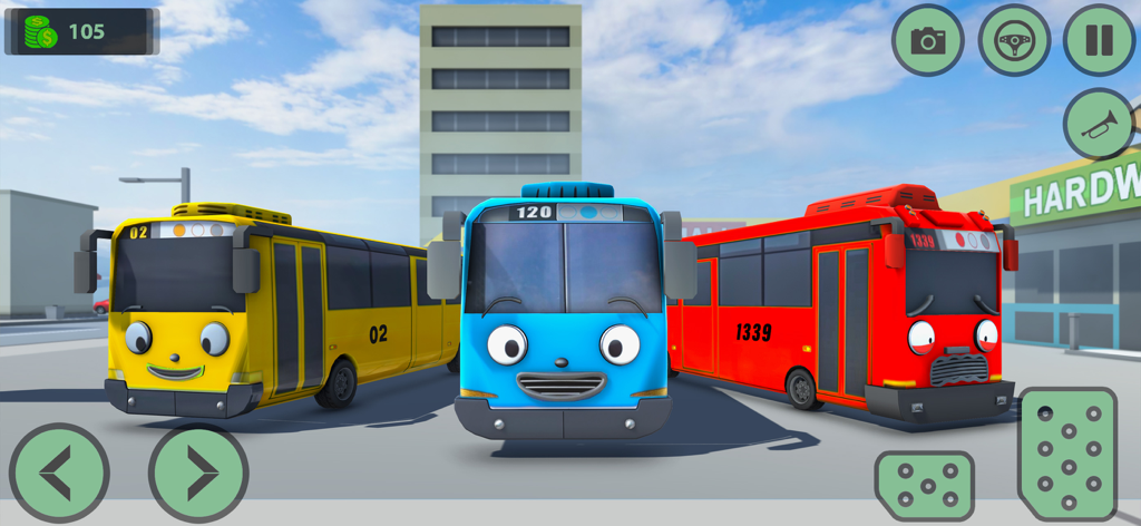 Três autocarros falantes coloridos com rostos em City Bus Race Driving Games