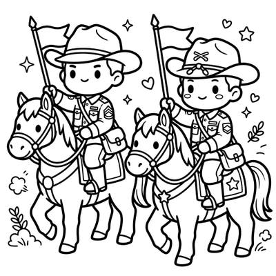 Prepare for an adorable adventure with our Kawaii Cavalry Soldiers coloring page! These charming mounted military personnel, rendered in a super cute style, are ready for your vibrant colors.
