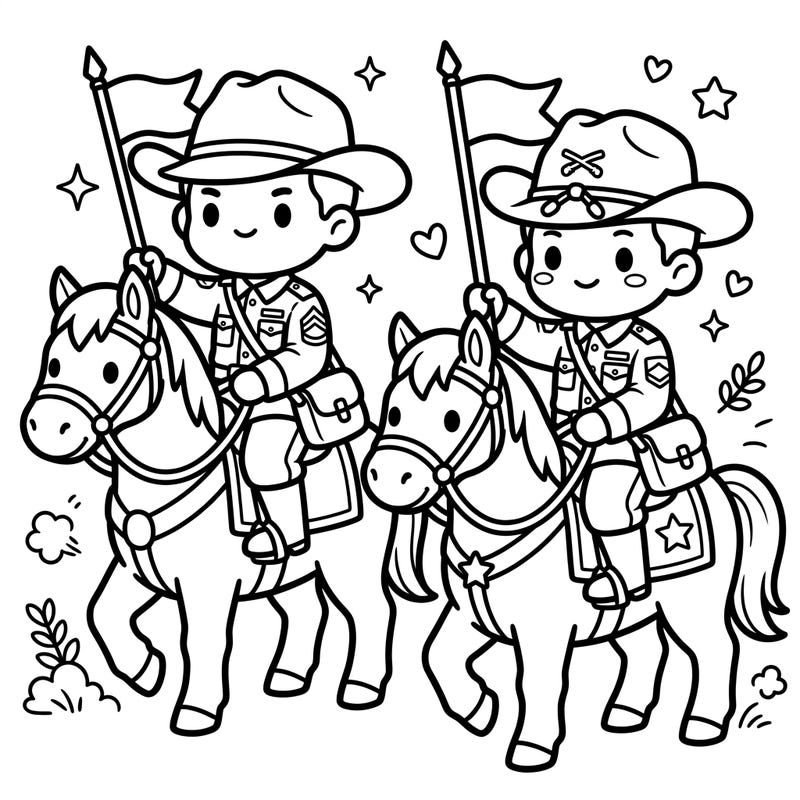 Prepare for an adorable adventure with our Kawaii Cavalry Soldiers coloring page! These charming mounted military personnel, rendered in a super cute style, are ready for your vibrant colors.