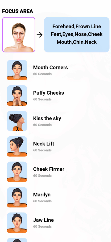 A menu of facial yoga exercises showing techniques for jawline puffy cheeks and neck lift