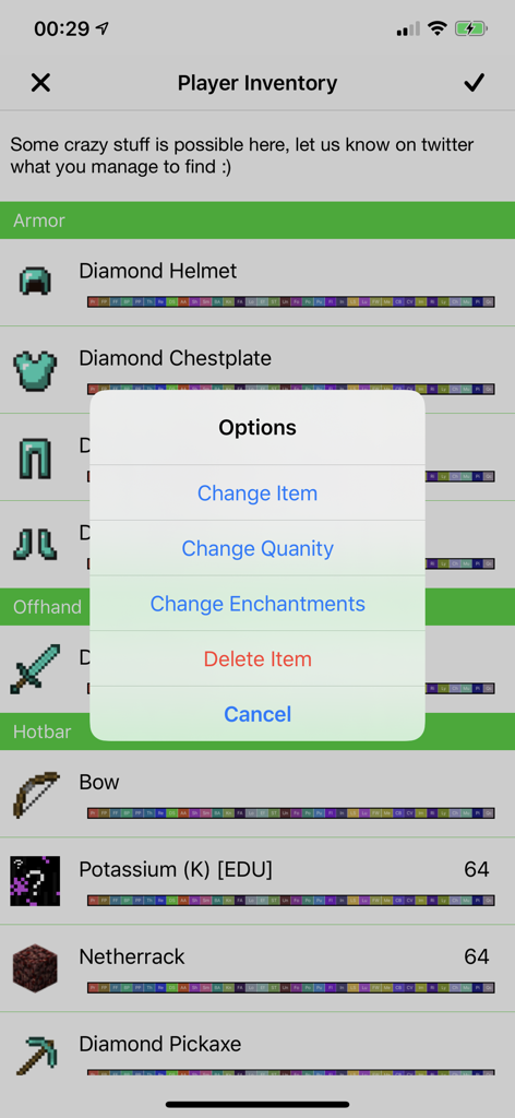 Plug Toolbox for Minecraft - Minecraft player inventory editor screen with item modification options
