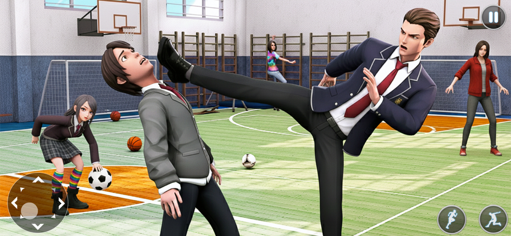 Um estudante em uniforme escolar executa um chute alto em um cenário de academia virtual 3D