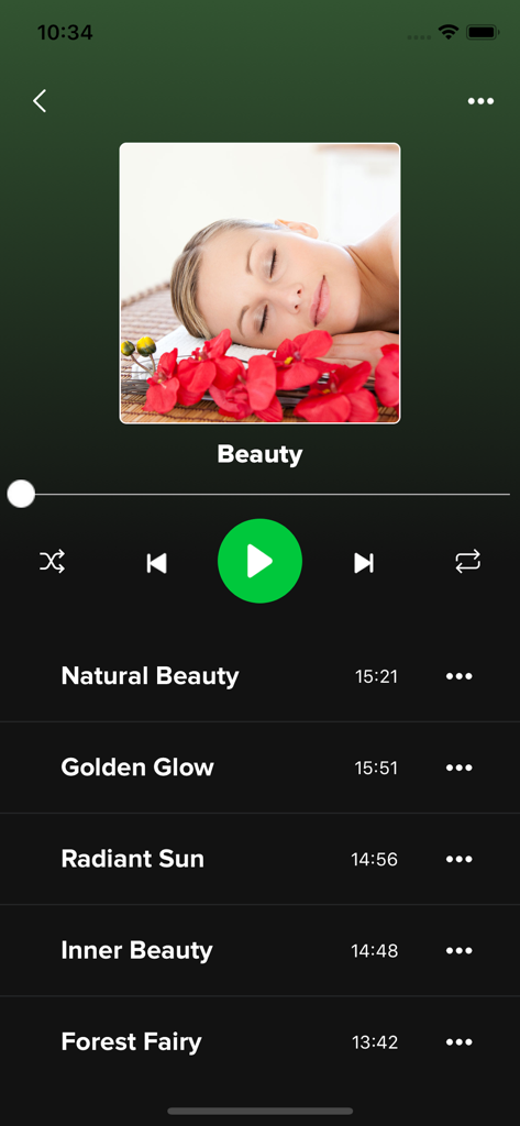 iChill - iChill app interface showing the Beauty playlist with curated tracks for spa and wellness environments