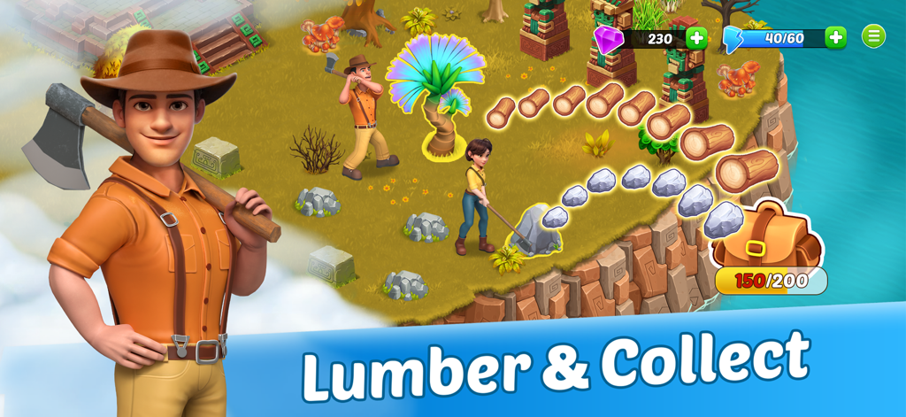 Personajes recolectando madera y minando piedras en el juego móvil Griffin Island Farm Adventure