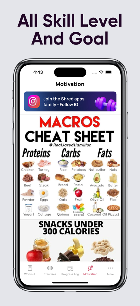 Big Butt & Leg Workout Planner - Pantalla de iPhone que muestra una hoja de trucos de macros y una guía de snacks bajos en calorías en una aplicación de fitness