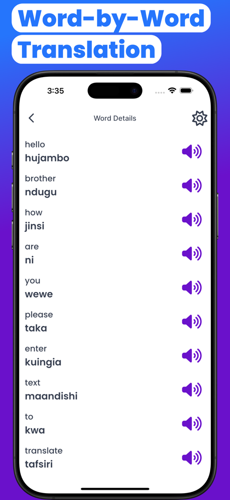 Captura de pantalla de la aplicación Traductor Suajili-Inglés que muestra traducciones de palabras a palabras para frases como hola, hermano y ¿cómo estás? con iconos de audio.