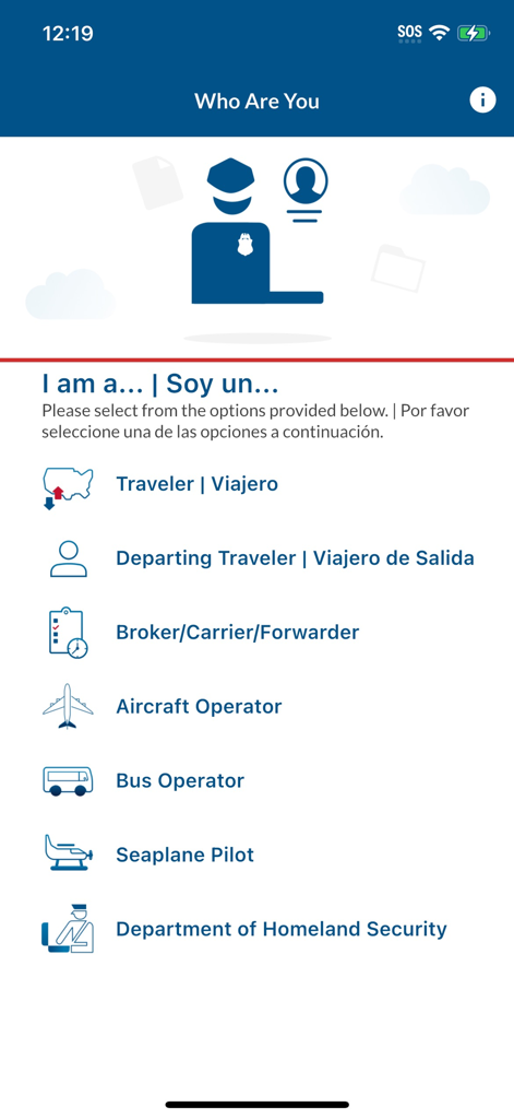 Bilingual user role selection screen in the CBP Link app for travelers and transportation operators