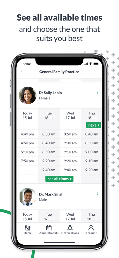 HotDoc mobile app interface showing a list of doctors and their available appointment slots for easy booking.