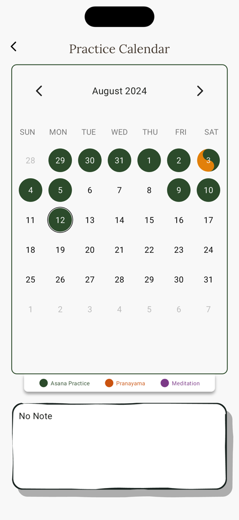 Ashtanga Yoga Home - Screenshot of the practice calendar in the Ashtanga Yoga Home app tracking daily asana and pranayama sessions