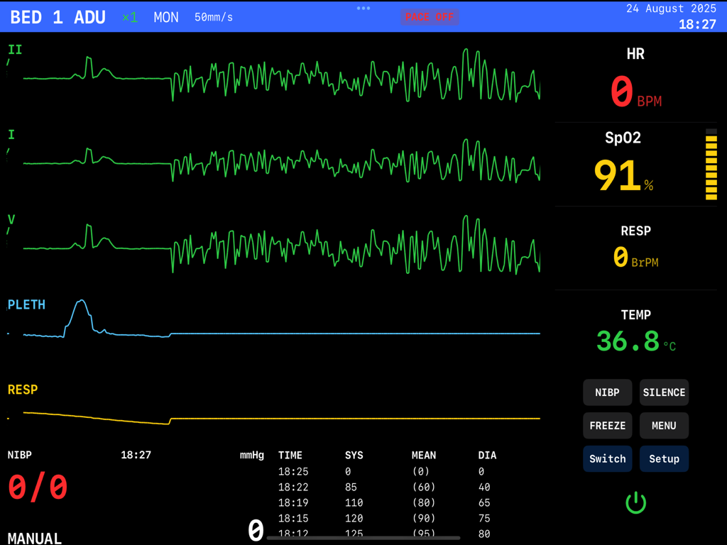 EKG Simulator - Simulador realista de monitor hospitalario que muestra un EKG de línea plana y frecuencia cardíaca cero para entrenamiento médico.