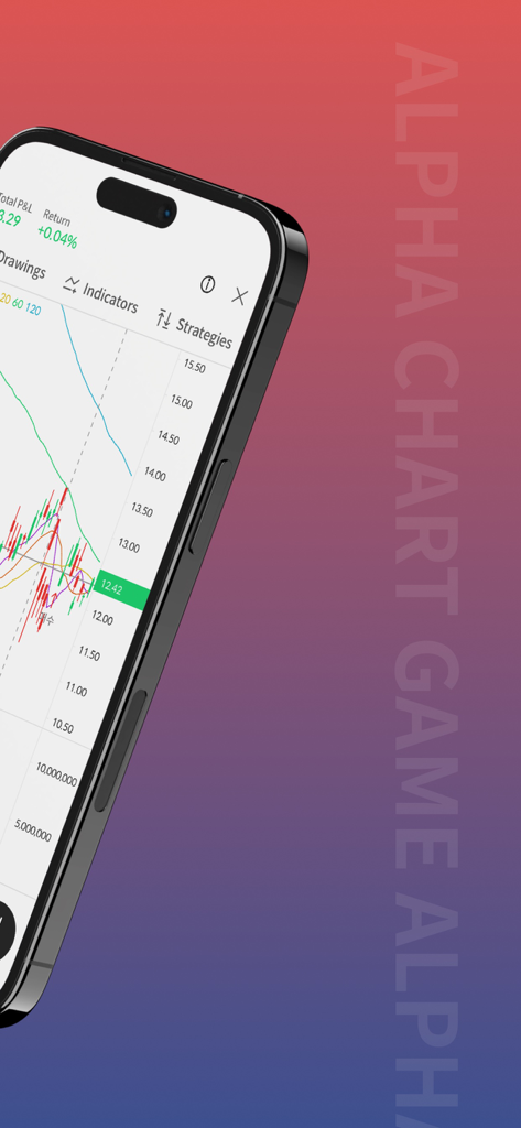 Un smartphone montrant l'application simulateur de trading Alpha Chart avec un graphique boursier en chandeliers et des outils d'analyse technique