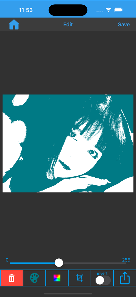 Fx Stencil - Mobile app interface showing a high-contrast teal and white stencil of a womans face with editing tools like crop and invert