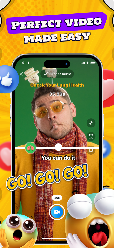 Falling Filter: Challenge - A mobile phone screen displaying a user participating in a lung health breathing challenge using an AR filter.