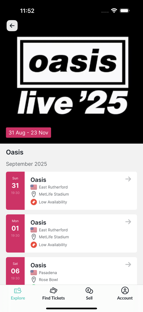 Twickets - Twickets 앱, MetLife Stadium 및 Rose Bowl에서 열리는 Oasis Live 25 투어 날짜 표시.