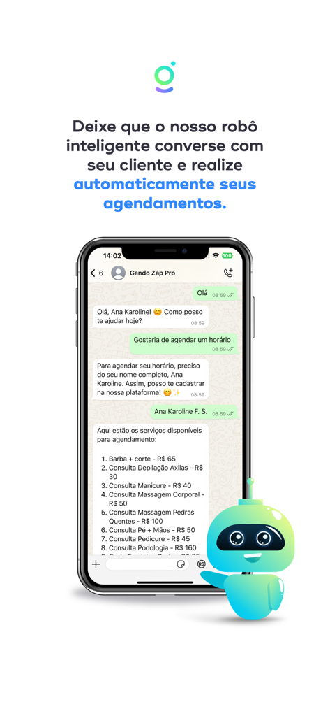 Interface do aplicativo Gendo Profissionais mostrando o agendamento de serviços por chatbot automatizado do WhatsApp para clientes.