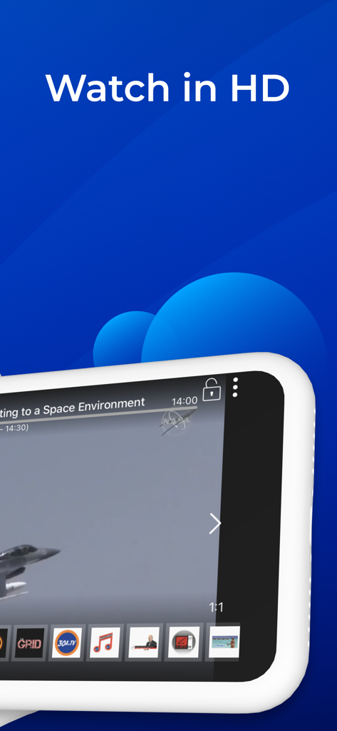 La pantalla de un teléfono móvil muestra una transmisión HD en vivo de NASA TV en la aplicación US TV